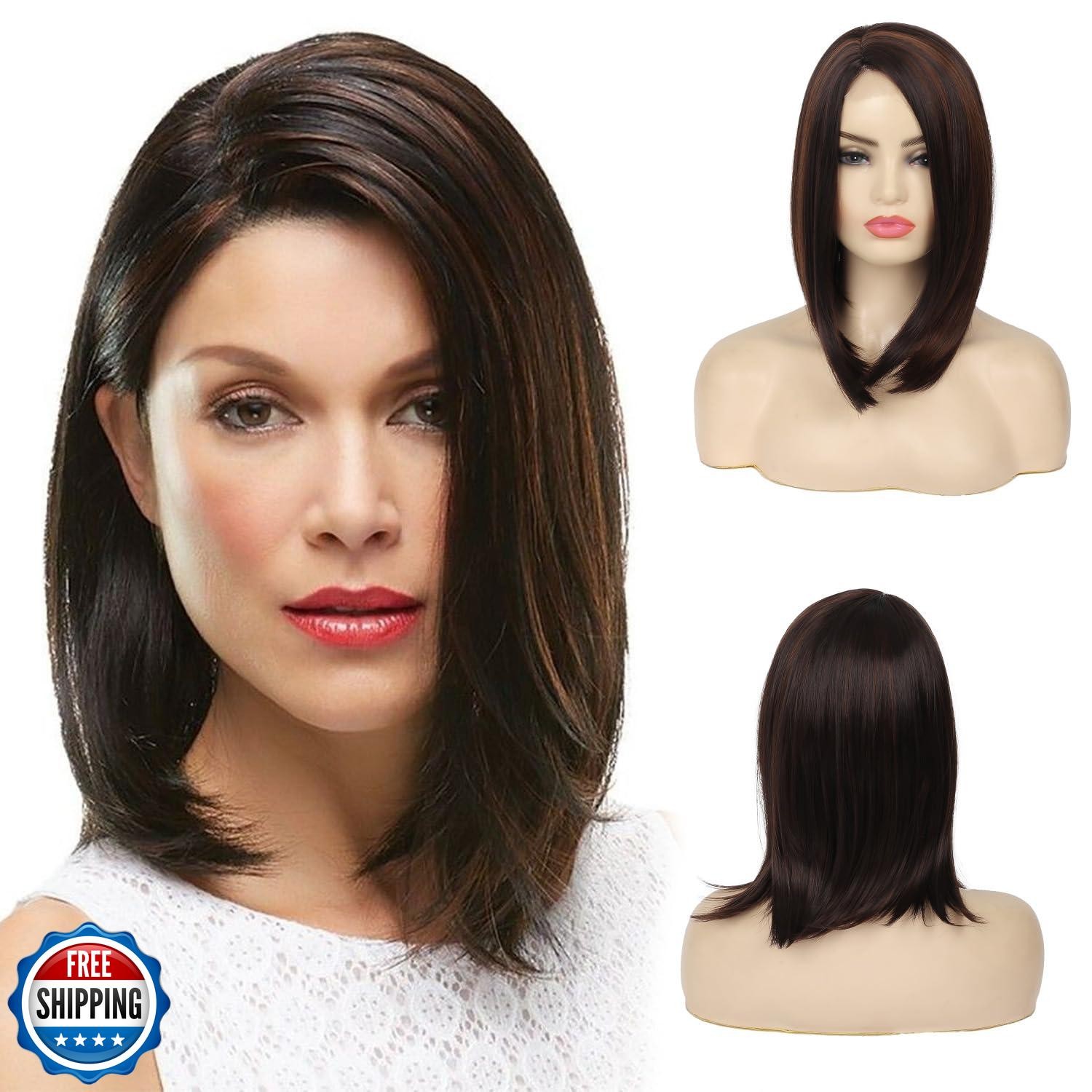 Short Brown Wig for Women Side Part Straight Small Lace Synthetic Hair Brown