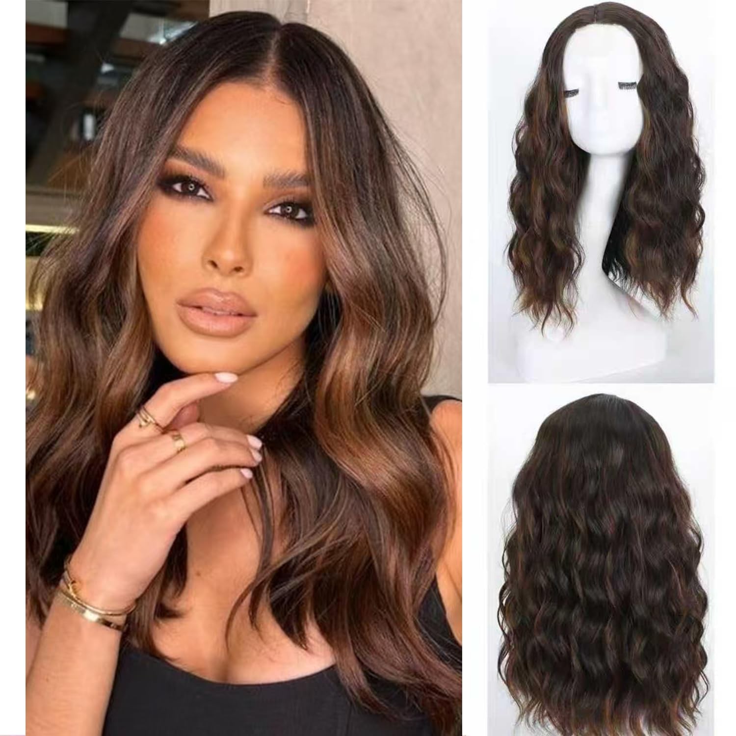 Dark Brown Wig with Highlight Wigs for Women 18 Inch Medium Length Short Wavy…