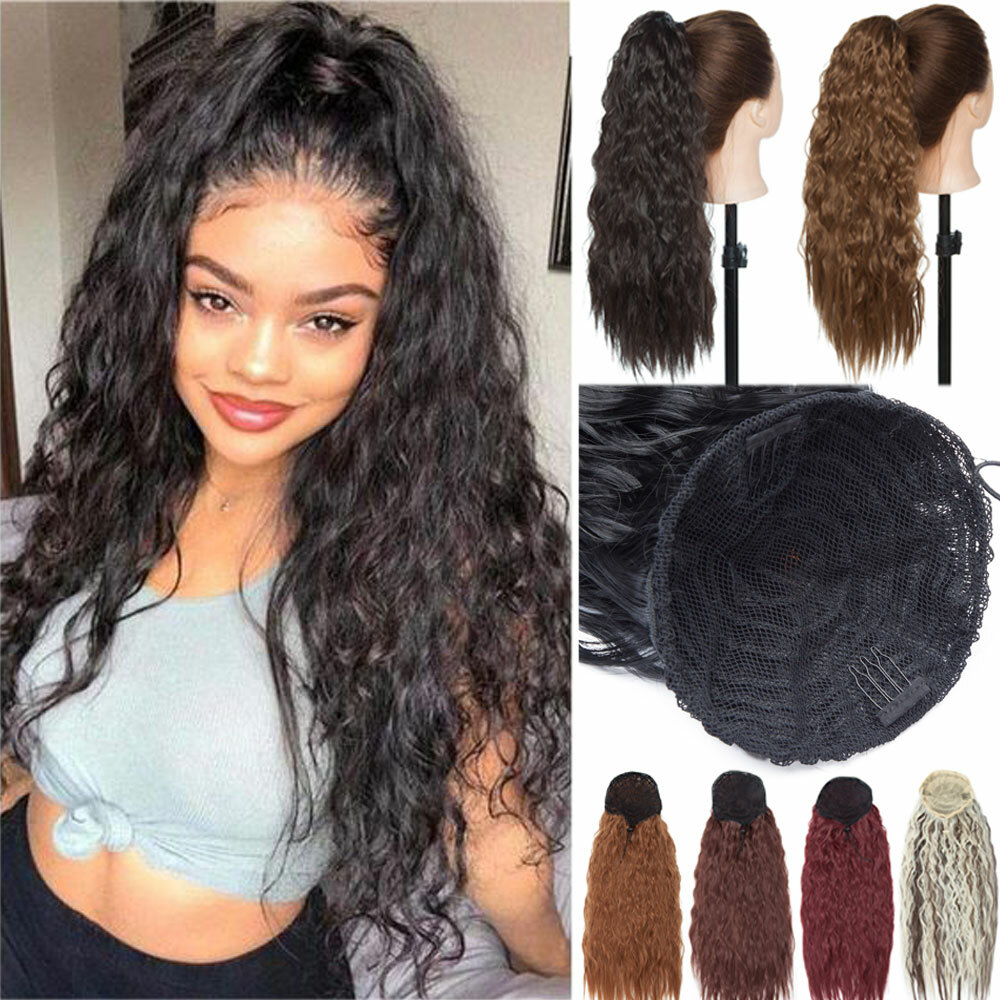 Drawstring Ponytail Long Corn Wave Bun Style Clip In Pony Tail Hair Extensions H