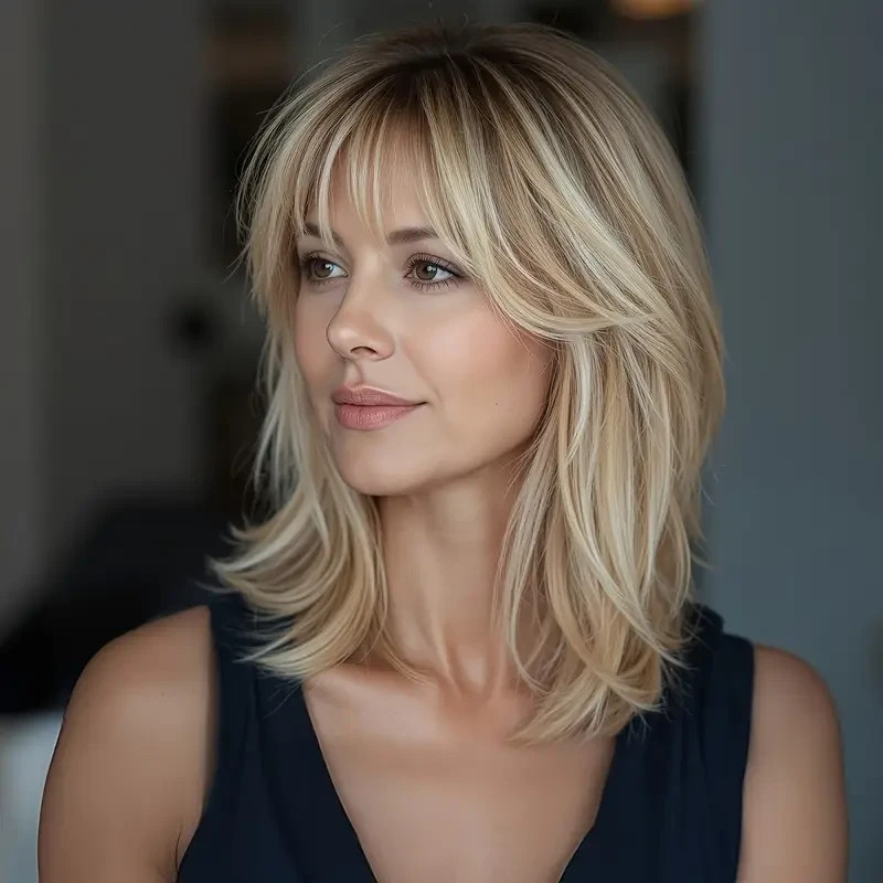 Balayage Beige Golden Blonde with Bangs Ash Roots Lace Front 100% Human Hair Wig
