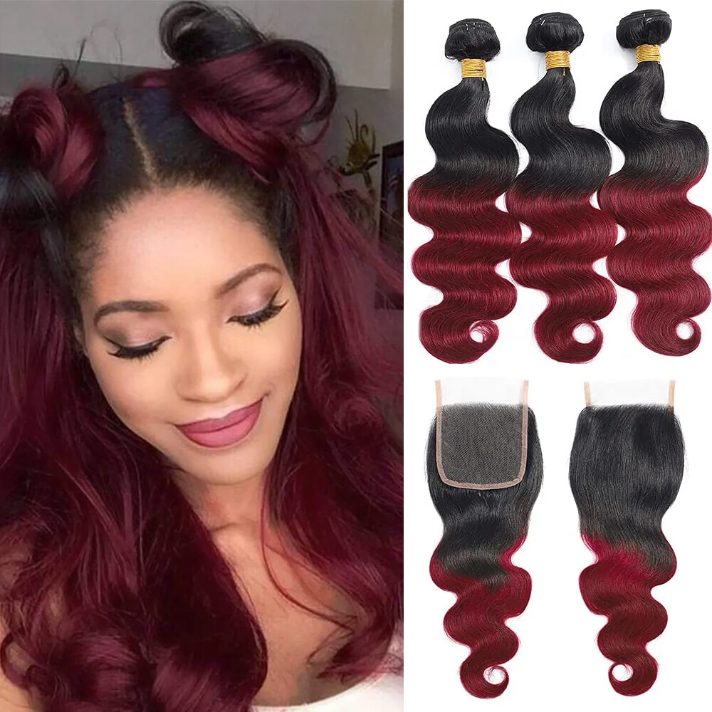 Human Hair Ombre 1B/99J Body Wave 3 Bundles With Closure 100g/Bundle