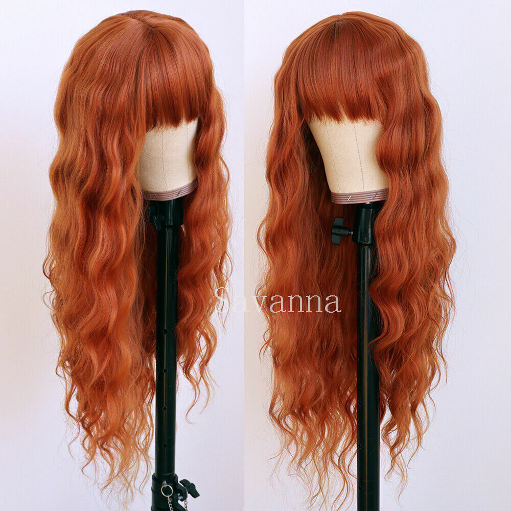 Orange Synthetic Hair Wigs Heat Resistant Natural No Lace Wig Full Bangs Cosplay