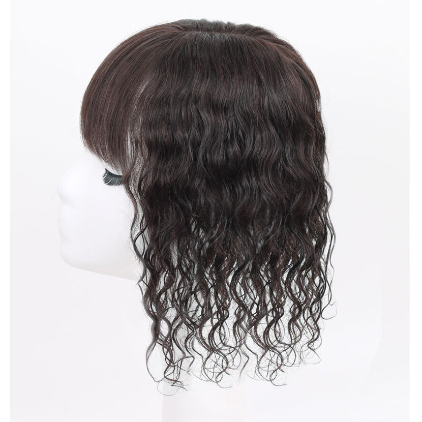 100% Real Human Hair Mono Curly Wavy with Bang Women’Topper Hairpiece Top Piece