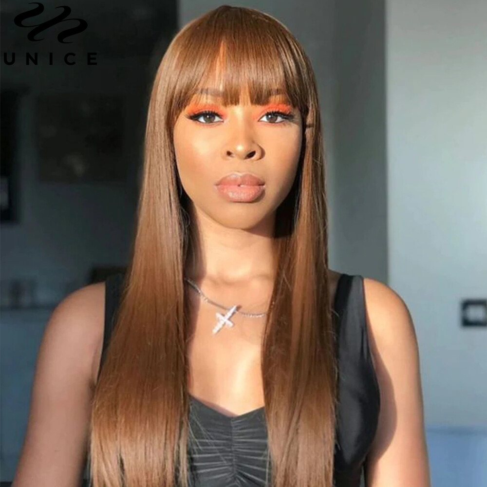 UNice Brazilian Brown Yaki Straight Human Hair Wig with Bang Lace Wigs Layer Cut