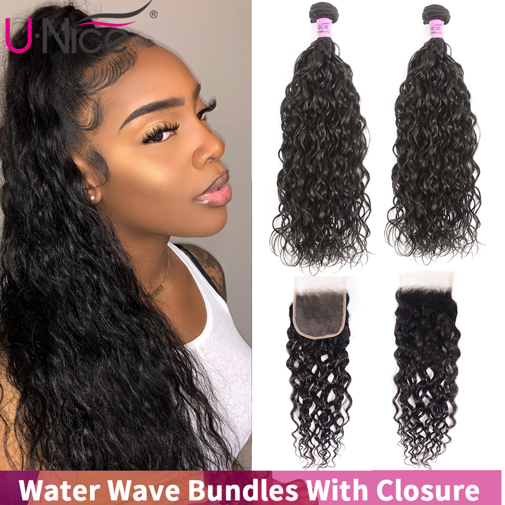 UNice Indian Water Wave 2 Bundles Human Hair Extensions with Lace Closure Weaves