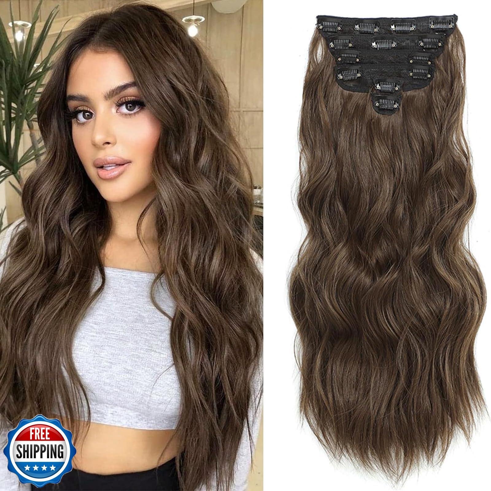 Clip in Hair Extensions for Women, 6PCS Clip Ins Long Wavy Curly Dark Brown H