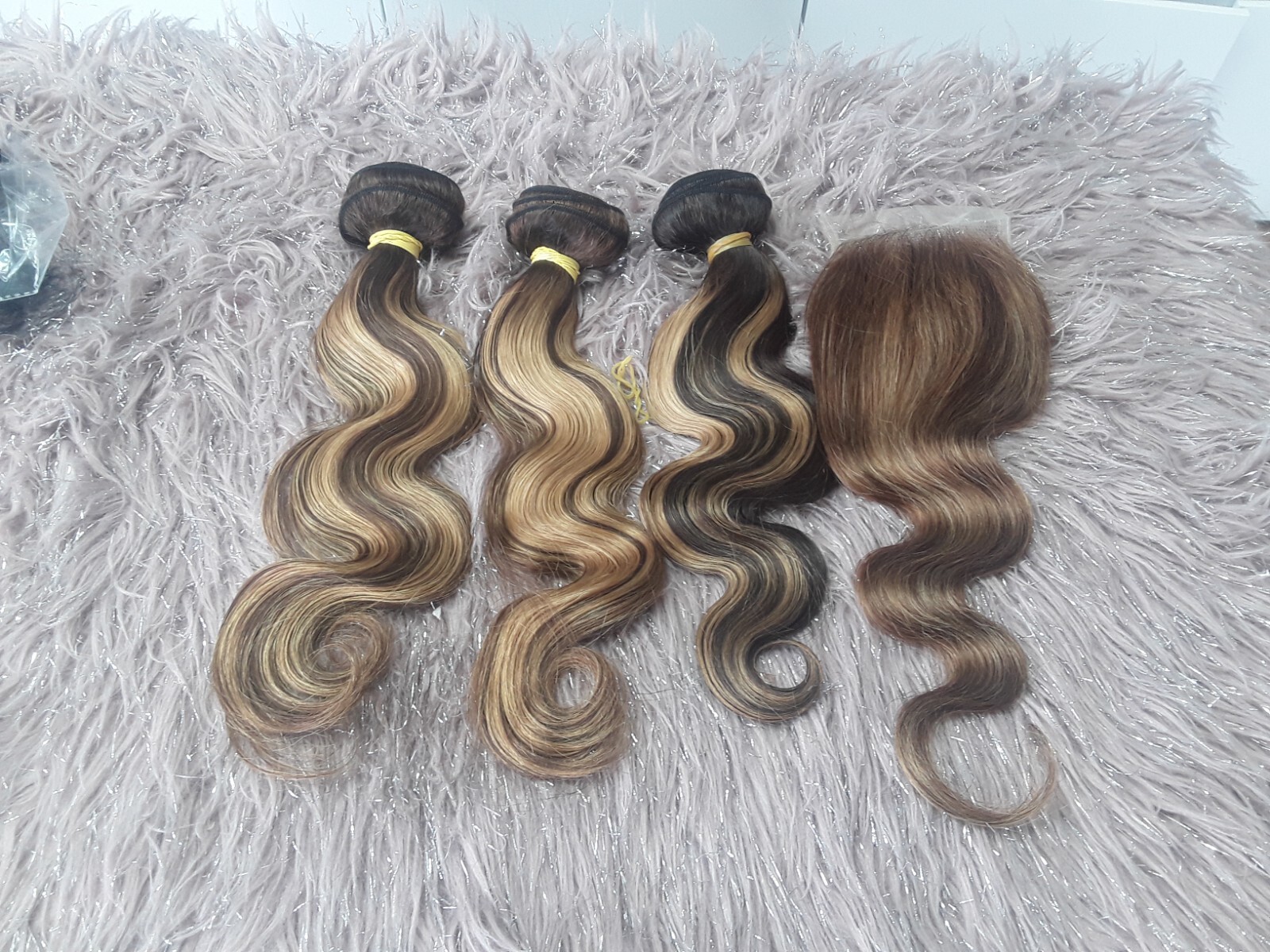 12A PERUVIAN HUMAN HAIR 16+16+16&16 CLOSURE BODY WAVES BALAYAGE PIANO 4/27# 350g