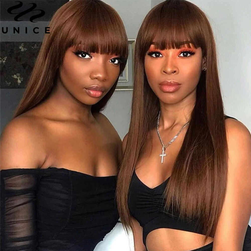 UNice Brazilian Brown Yaki Straight Human Hair Wig with Bang Lace Wigs Layer Cut