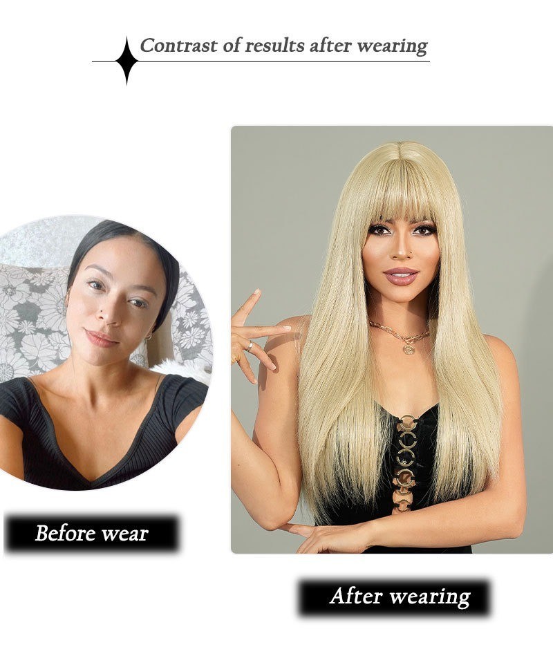 Grey Blonde Wig Long Straight Hair Daily Synthetic Fur Fake Hair Full Head Cover