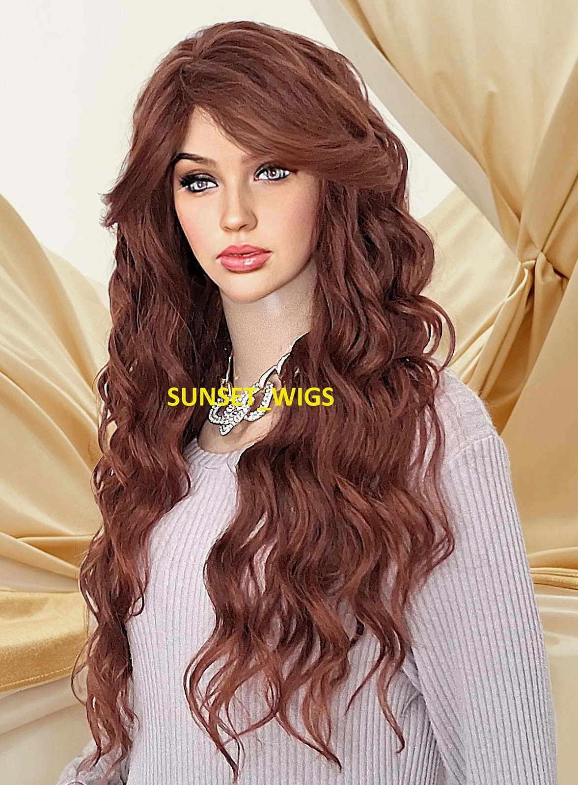 30” FULL WIG LONG WAVY LAYERED SIDE SKIN PART AUBURN MIX #T33.130 HEAT OK