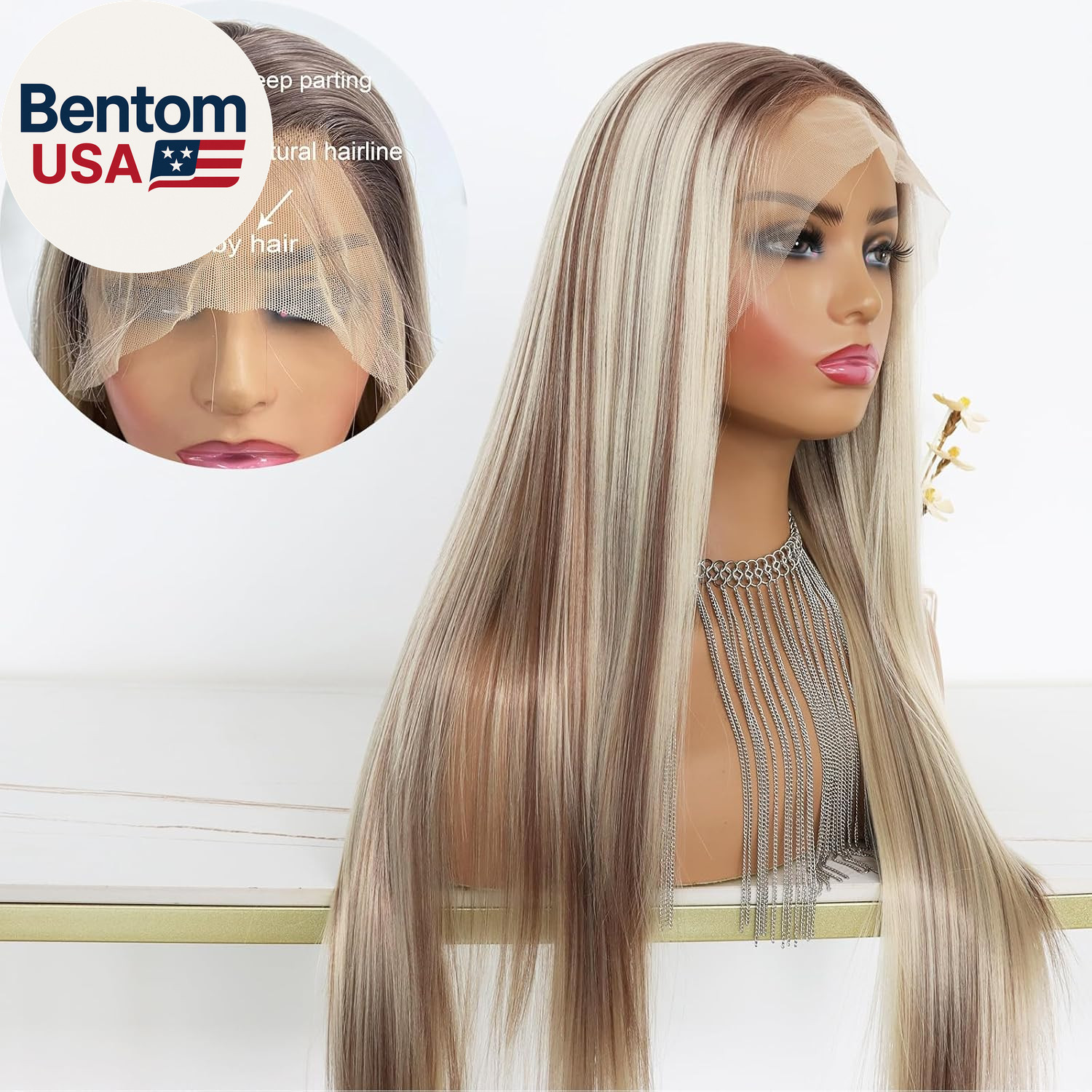 Highlight Ash Blonde Lace Front Wig Long Straight Glueless Ombre Brown Mixed Blo