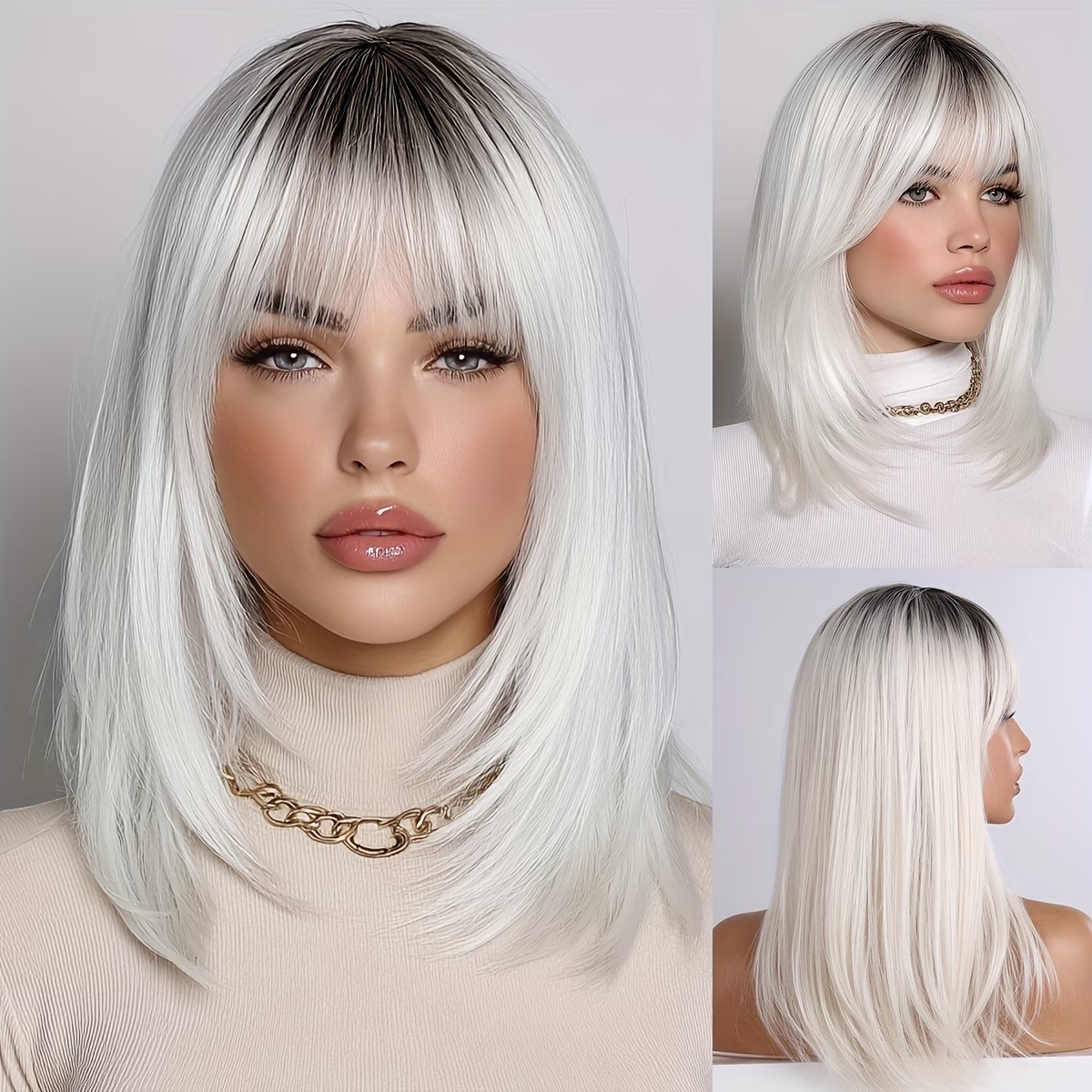 Ombre Straight Full Bang Bob Long Synthetic Wig for Women Fashion Daily Cosplay