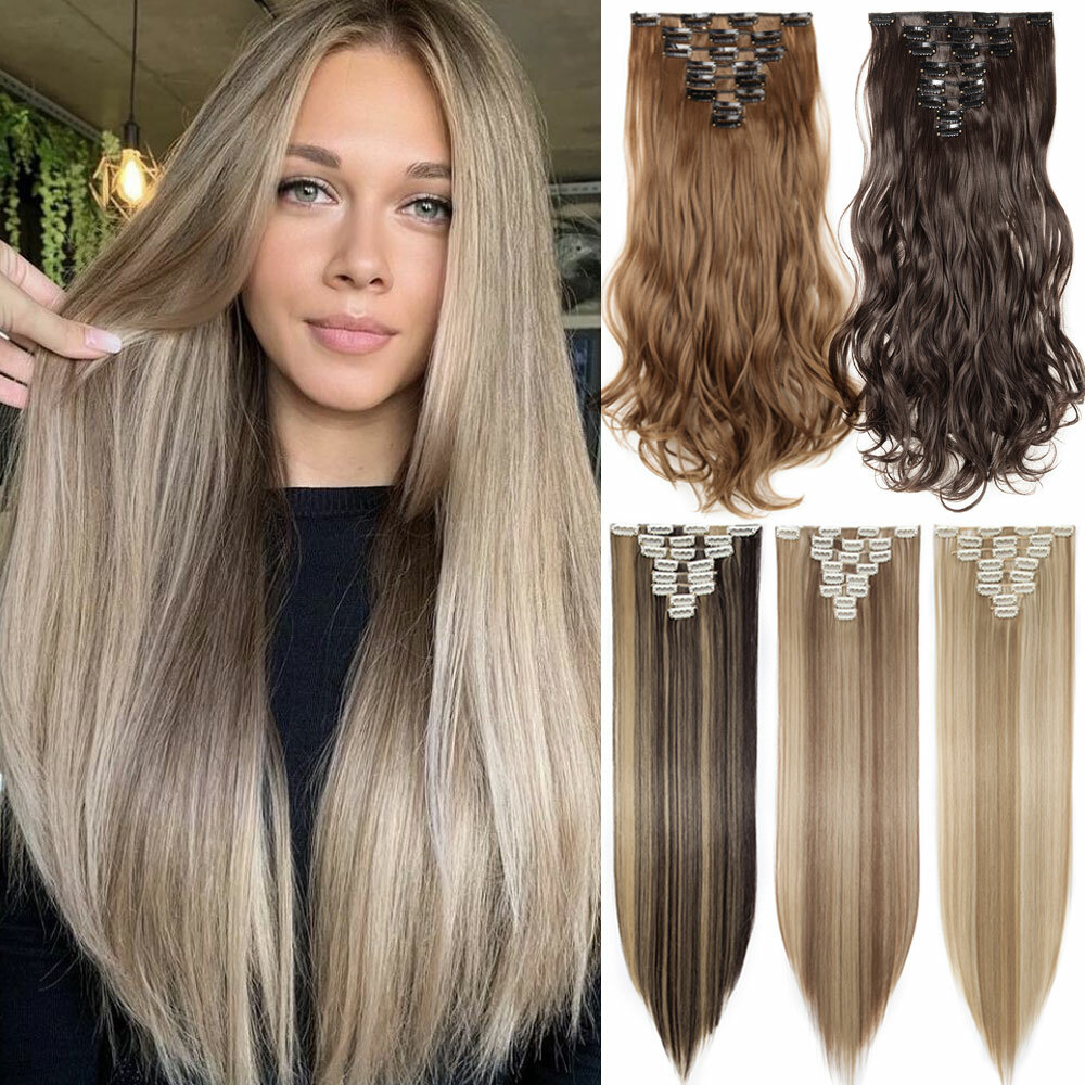 Clip In Real Natural Like Human Thick Long Wavy Curly Straight Hair Extensions H