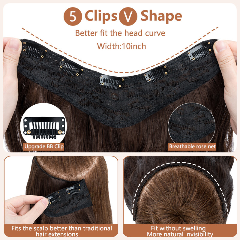 US V-Shape One Piece Clip In Hair Extensions Real As Human 3/4 Full Head Thick