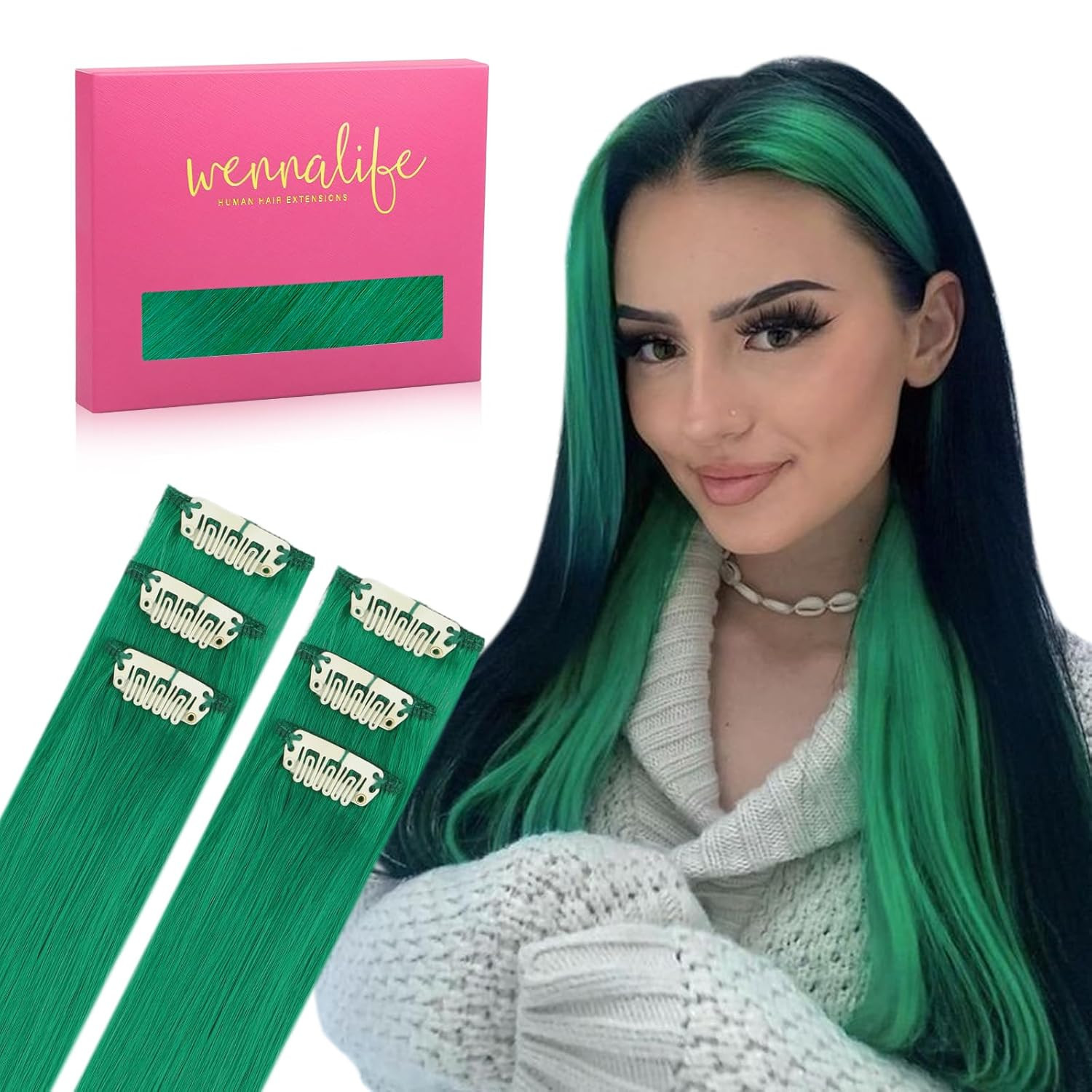 Extensiones de cabello humano real con clip verde, 35 g, 6 unidades, 20 pulgadas