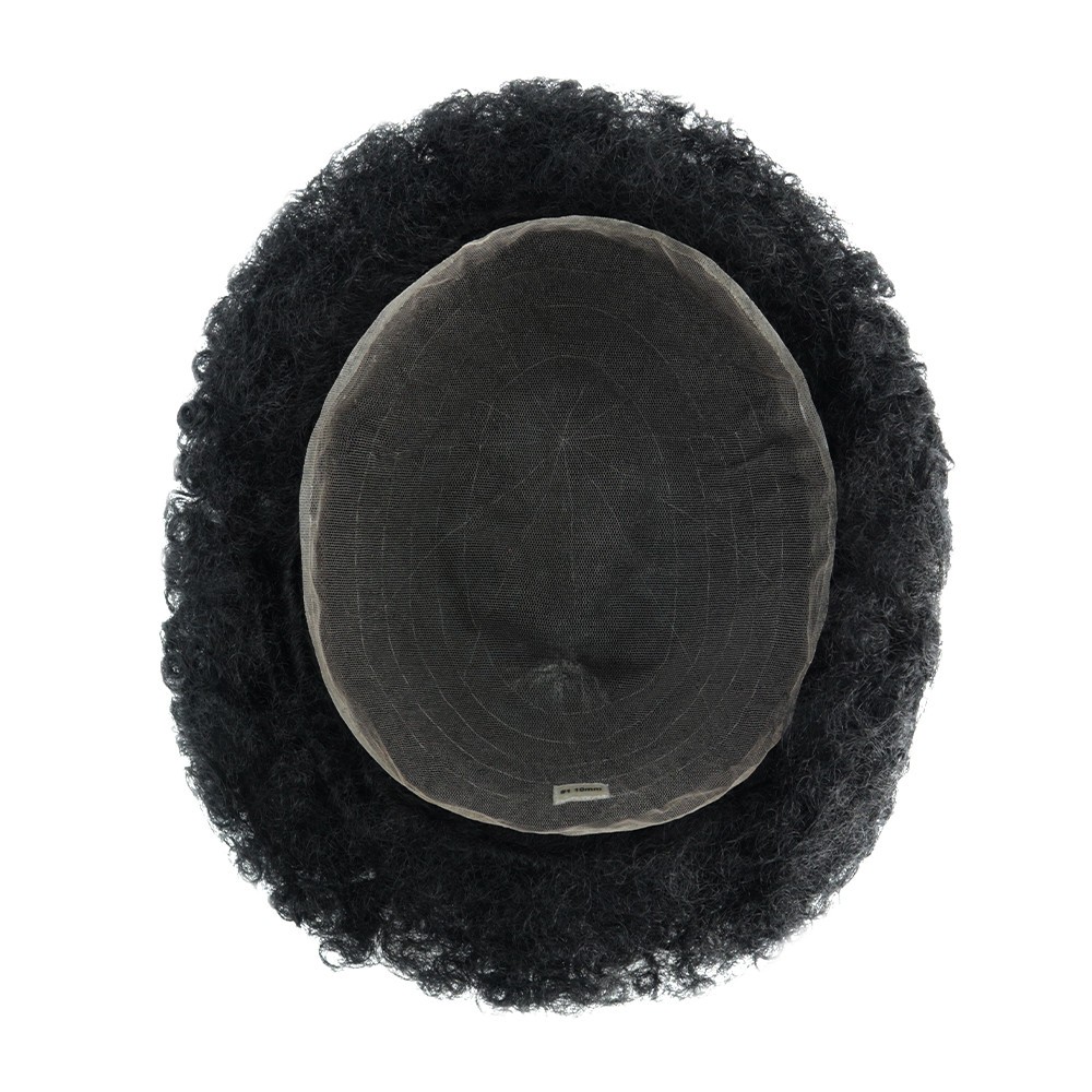 Toupee Mens Human Hair Afro Curl French Lace Hair System Hair Pieces 10mm #1B