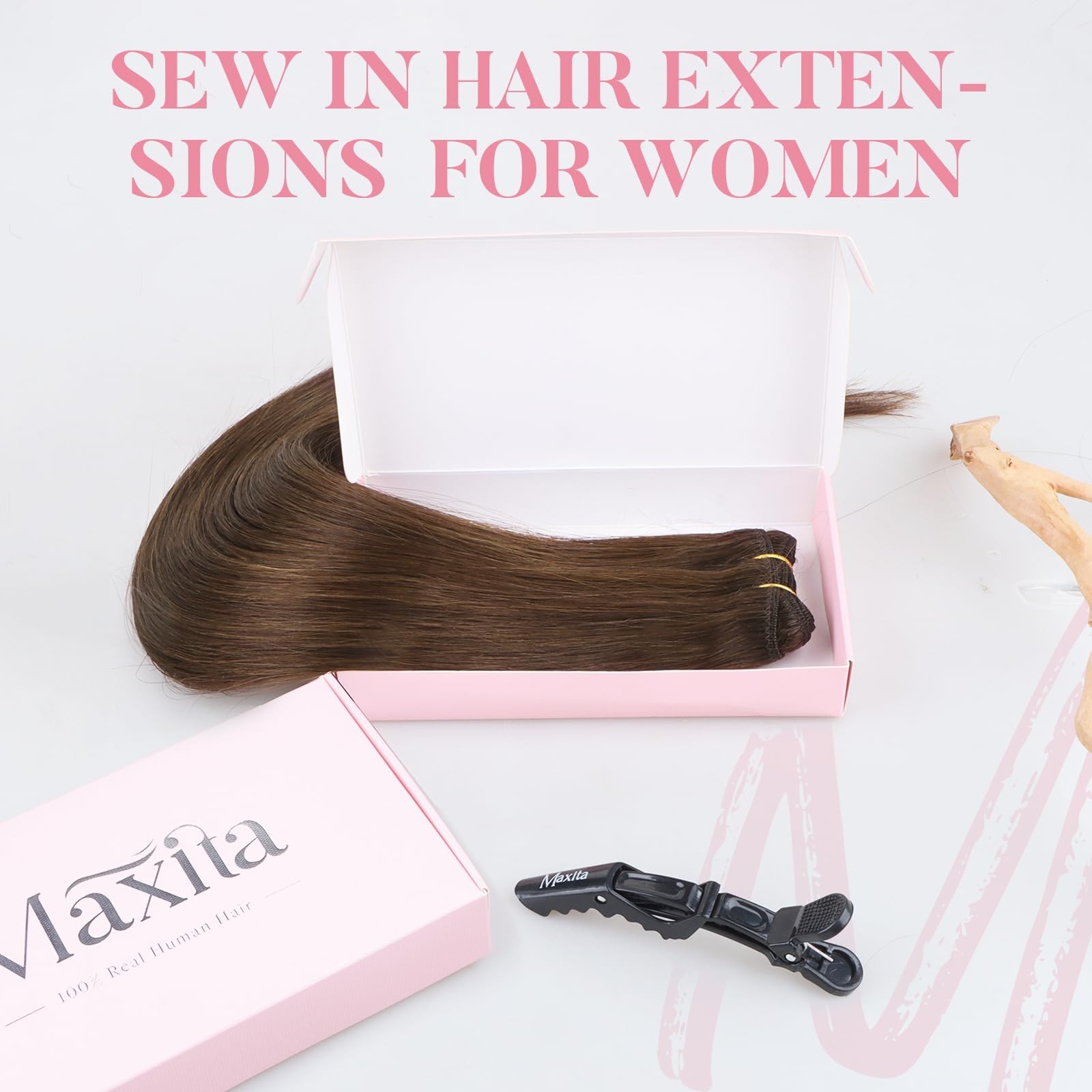Maxita Sew In Hair Extensions Real Human Hair 16 Inch 80G Chocolate Brown Remy