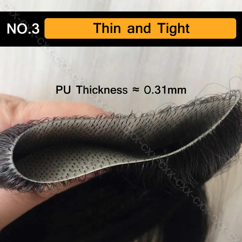 Fine Thin Skin PU Mens Toupee 100% Remy Human Hair Replacement System Hairpieces