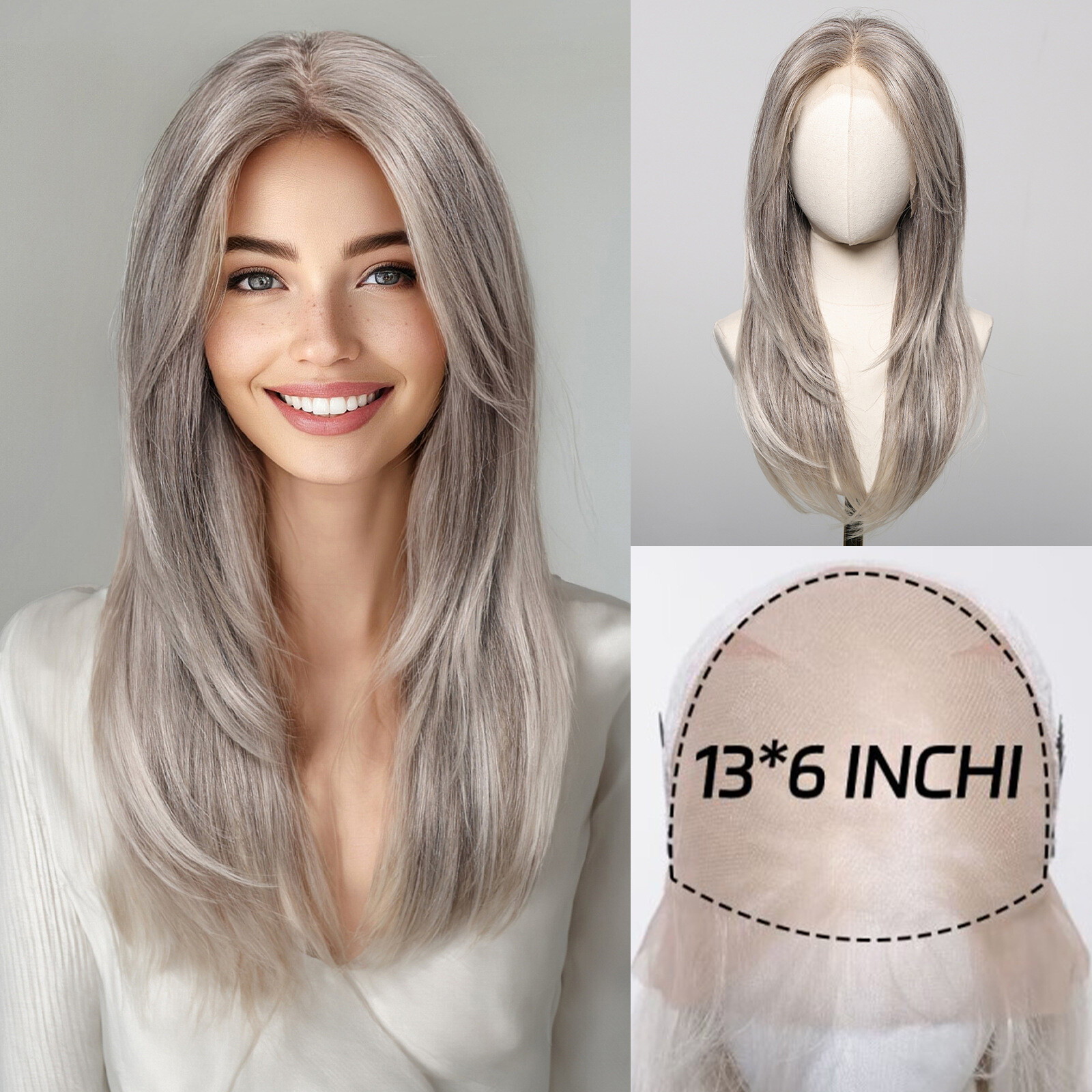 Synthetic 13×6 Lace Wigs Straight Hair Gray Ombre Wigs Daily Use Party Wig