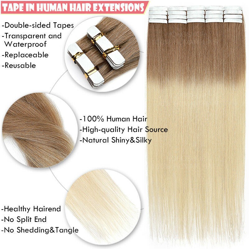 Tape in Human Hair Extensions Invisible Skin Weft Real Brazilian HairBalayage12A