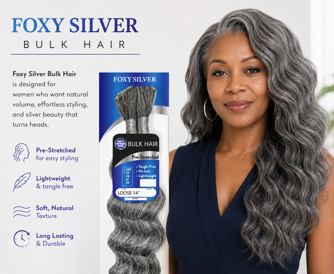 Foxy Silver BULK HAIRS, 100% HUMAN HAIR, 14″-18″, Natural look, 3 different wave