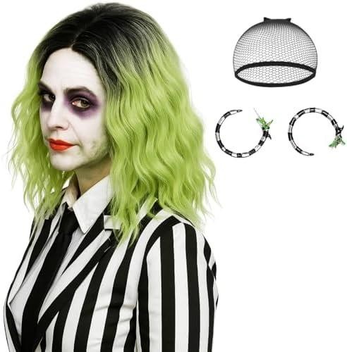 14in Short Ombre Green Wig Wavy Black and Green synthetic Cosplay 309