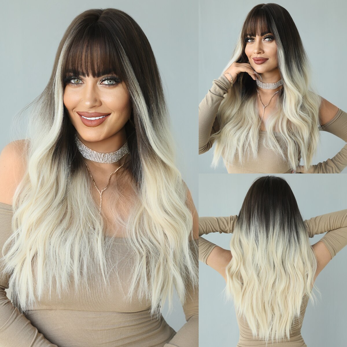 Long Curly Hair Wig with Bangs Wig Natural Synthetic Wigs Heat Resistant Hair