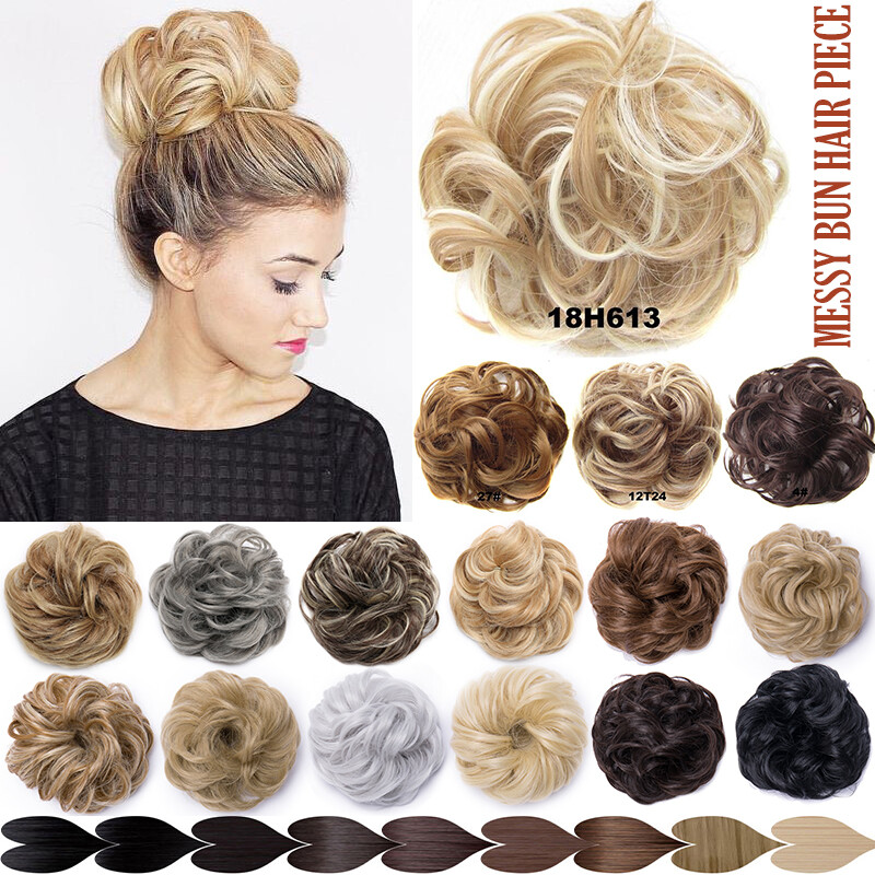 Real Natural Messy Hair Scrunchie Clip on Bun Ponytail Updo Extension Blonde Mix