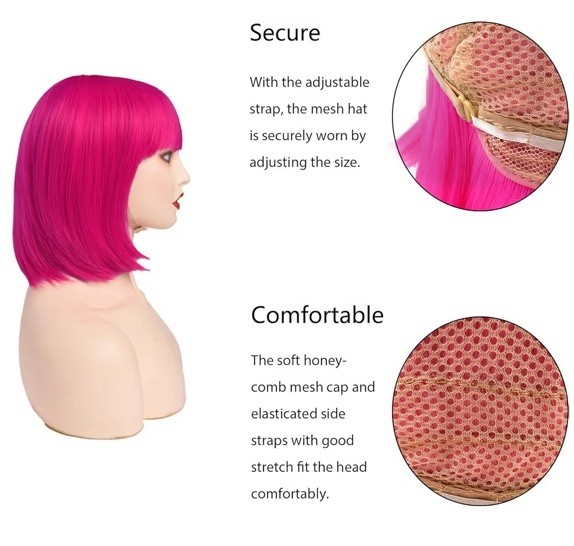 Rose Bud Hot Pink Bob Wig with Fringe 12 Inch Short Straight Costume Wigs For