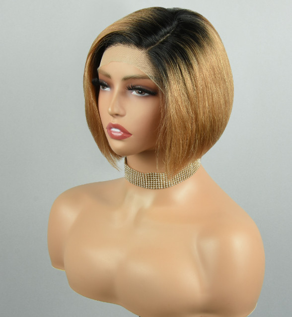 Short 100% Human Hair T P Lace Front Rooted Gold Blonde Natural Wigs Soft