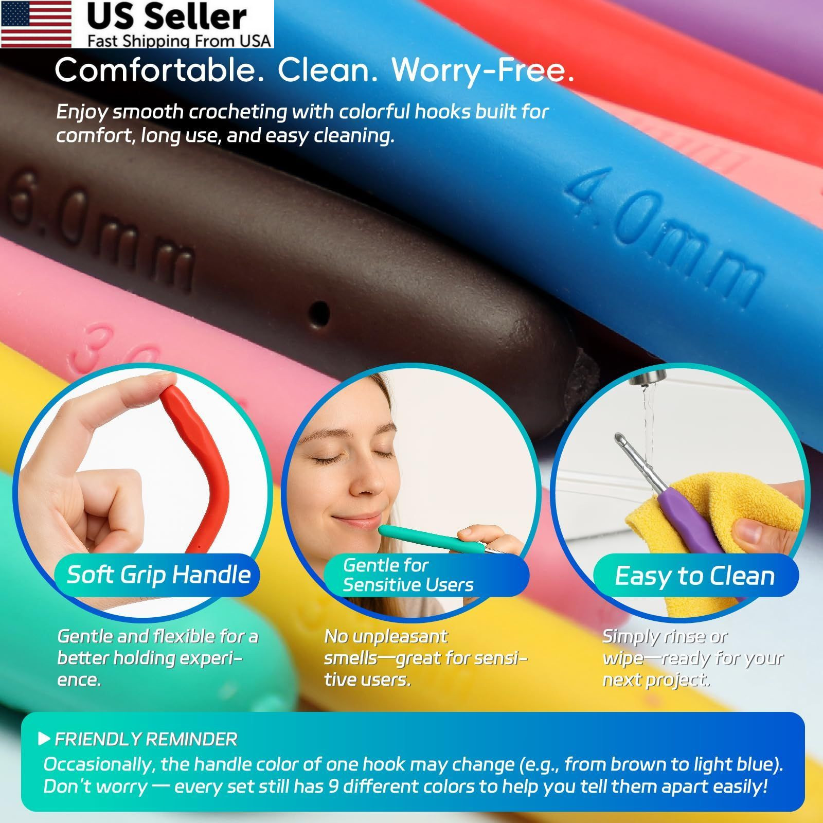 9PCS Ergonomic Crochet Hooks Set by Flickzo – Aluminum 2-6mm, Multicolor