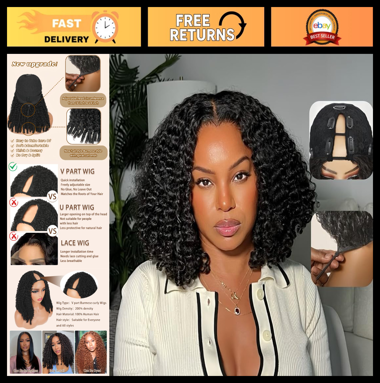 200% Density V Part Curly Human Hair Wig – Glueless Clip-In Half Wig for Black W