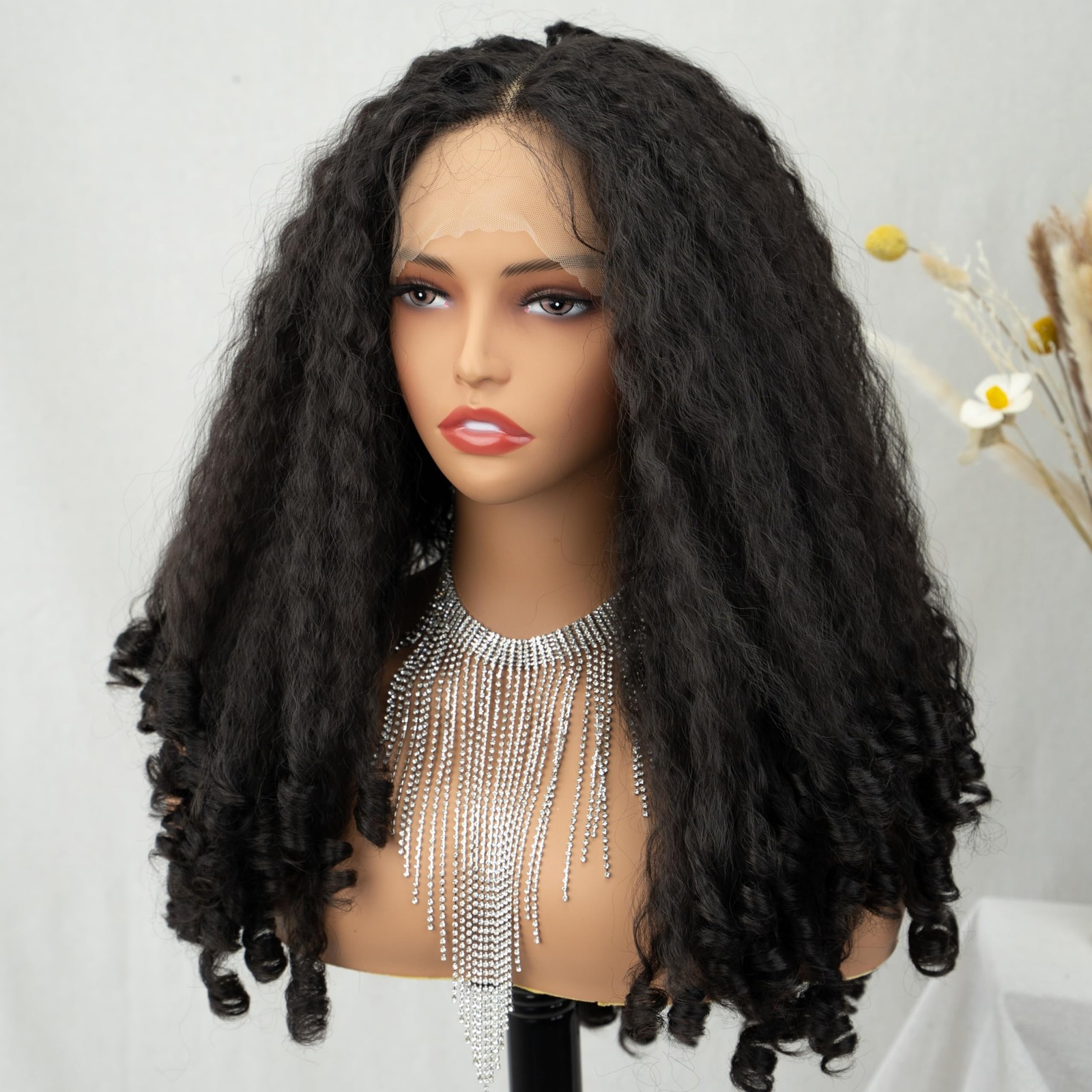 Afro Curly Lace Front Wig for Black Women 20 Inch Dark Brown Natural Syntheti…