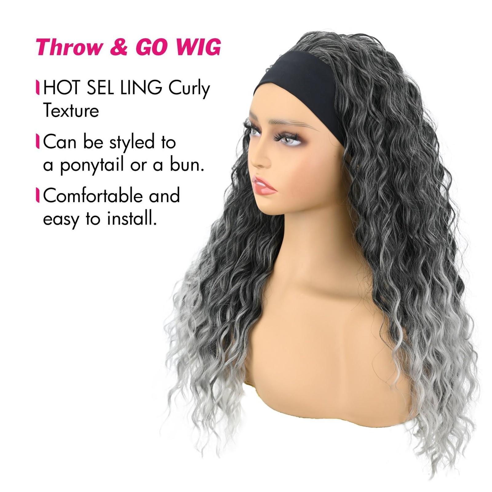 Headband Wig Deep Wave 20 Inch Gray for Black Women – Machine Made None Lace …