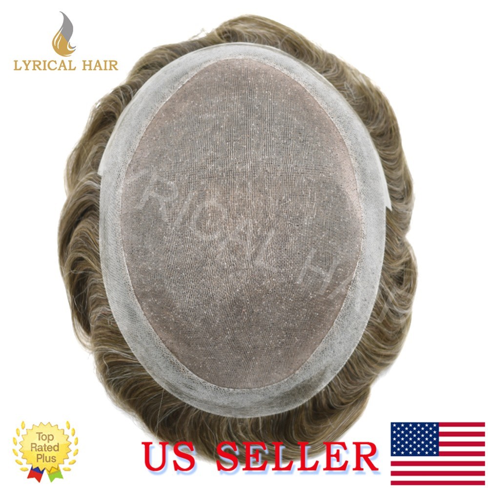 Lyrical Hair Mens Toupee Hairpiece Mono Lace Human Hair Poly PU Replacement Wig