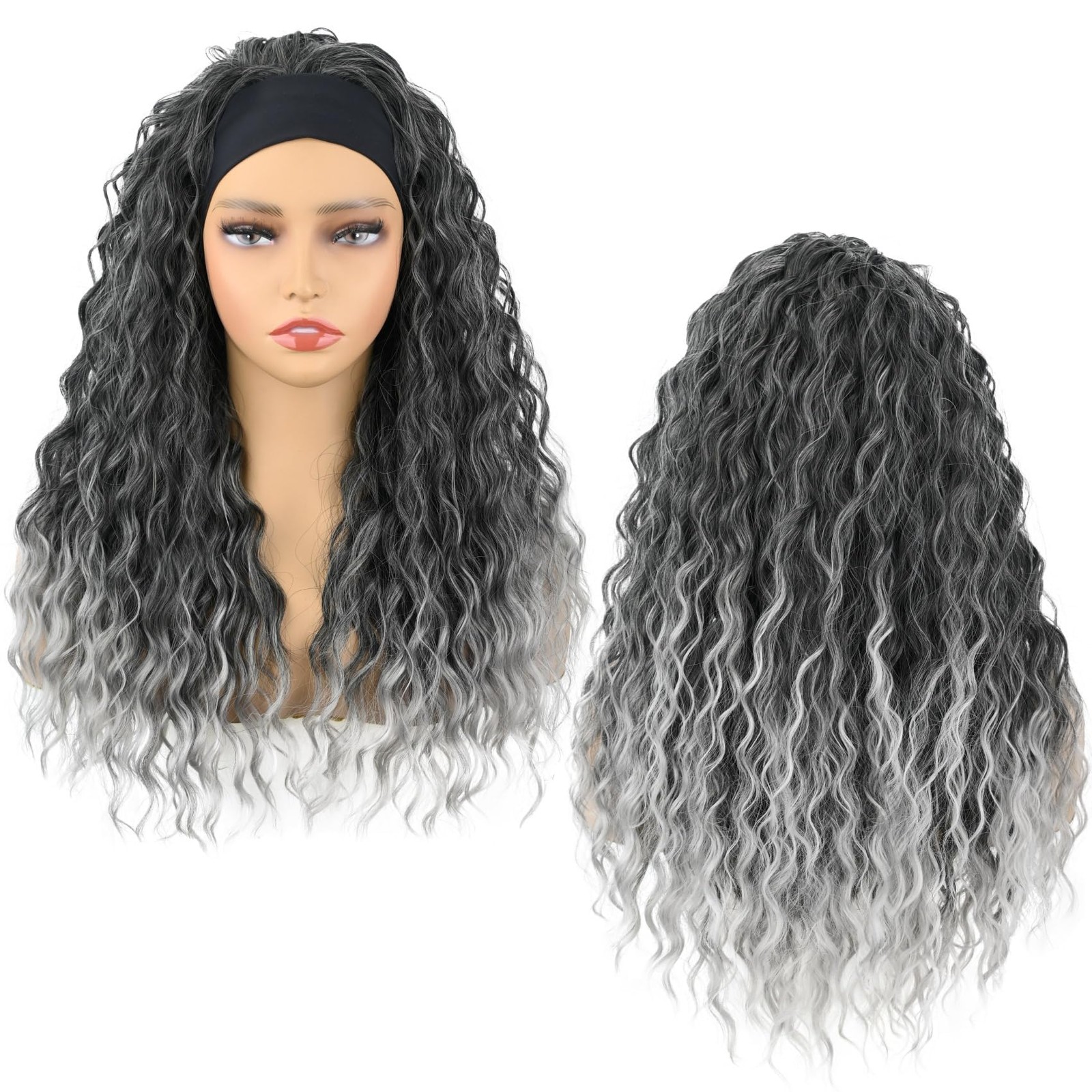 Headband Wig Deep Wave 20 Inch Gray for Black Women – Machine Made None Lace …