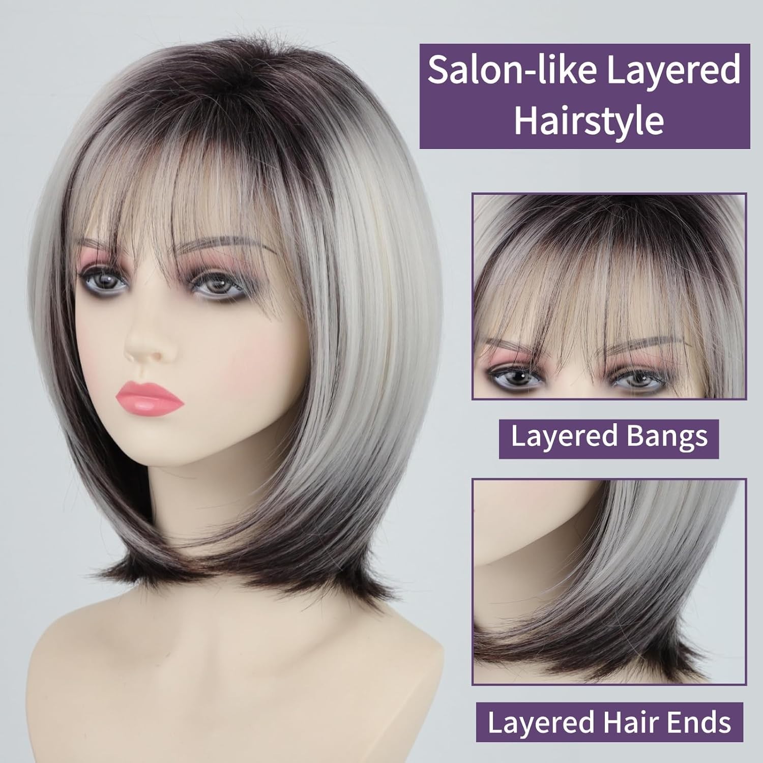 14″ Platinum with Brown Straight Bob Wig for Women Daily 167E418560