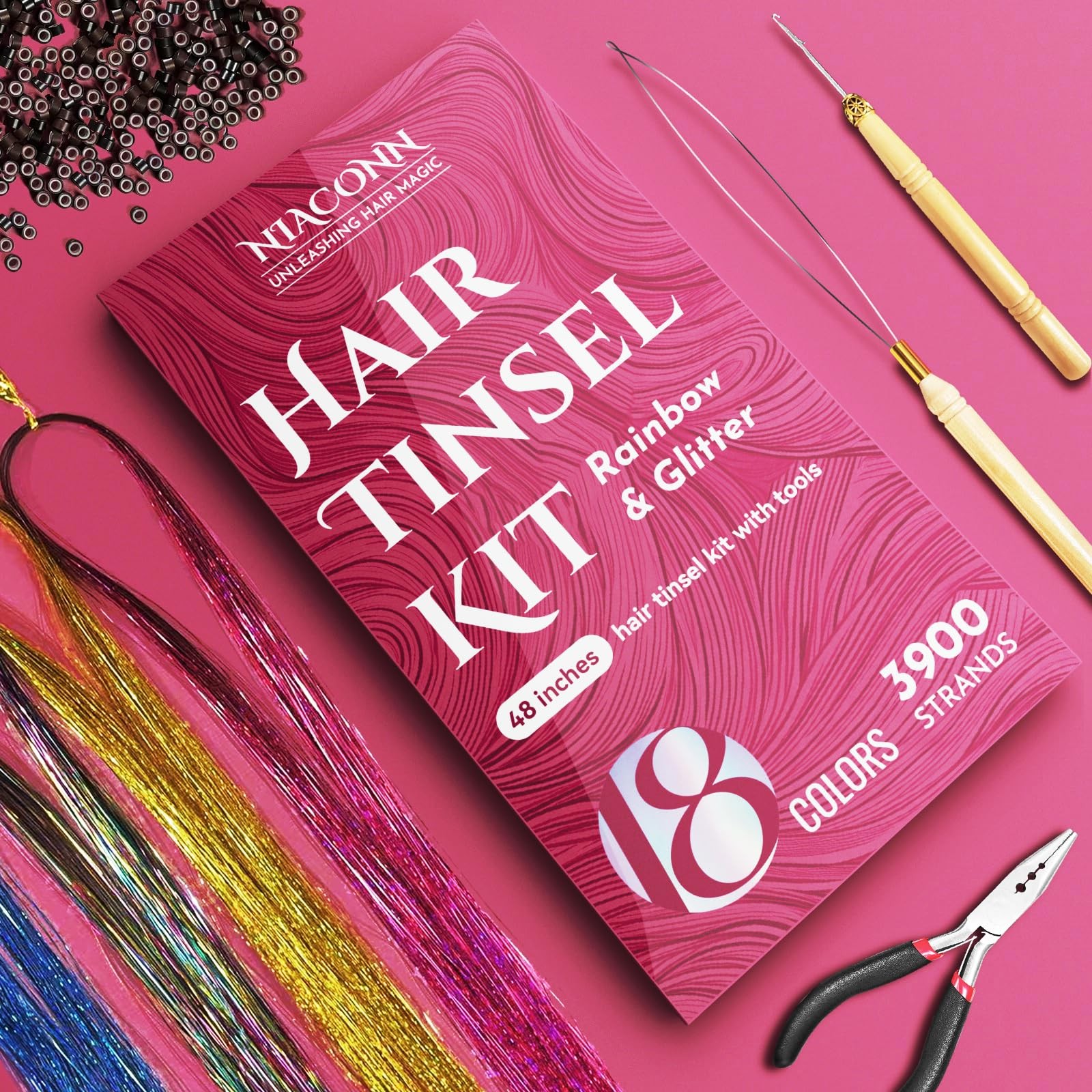 Glitter Hair Tinsel Extensions Kit Long – 47 in, Colorful 18 Colors