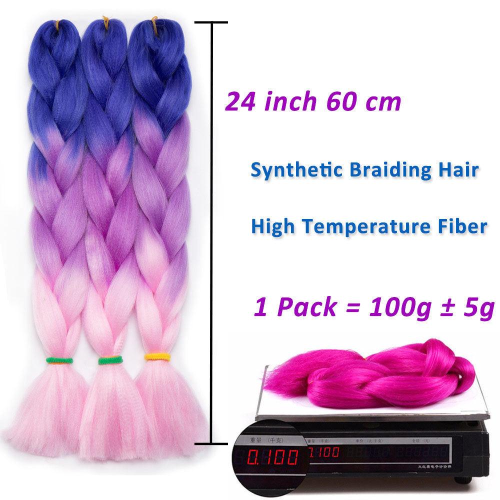 24″ Kanekalon Jumbo Braiding Hair Extensions Plaited Box Braids Ombre Rainbow US