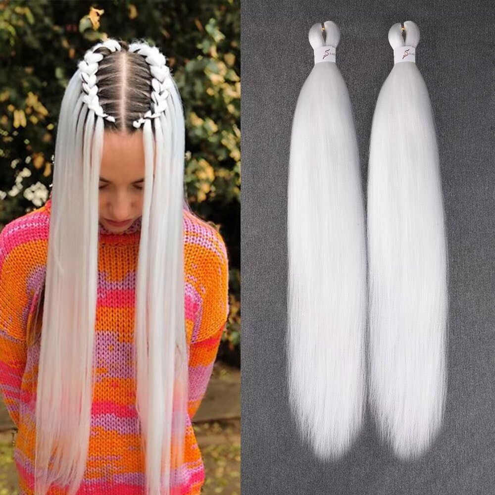 White Braiding Hair 26 Inch Pre Stretched Easy Hair 2 Packs Synthetic Crochet Bo