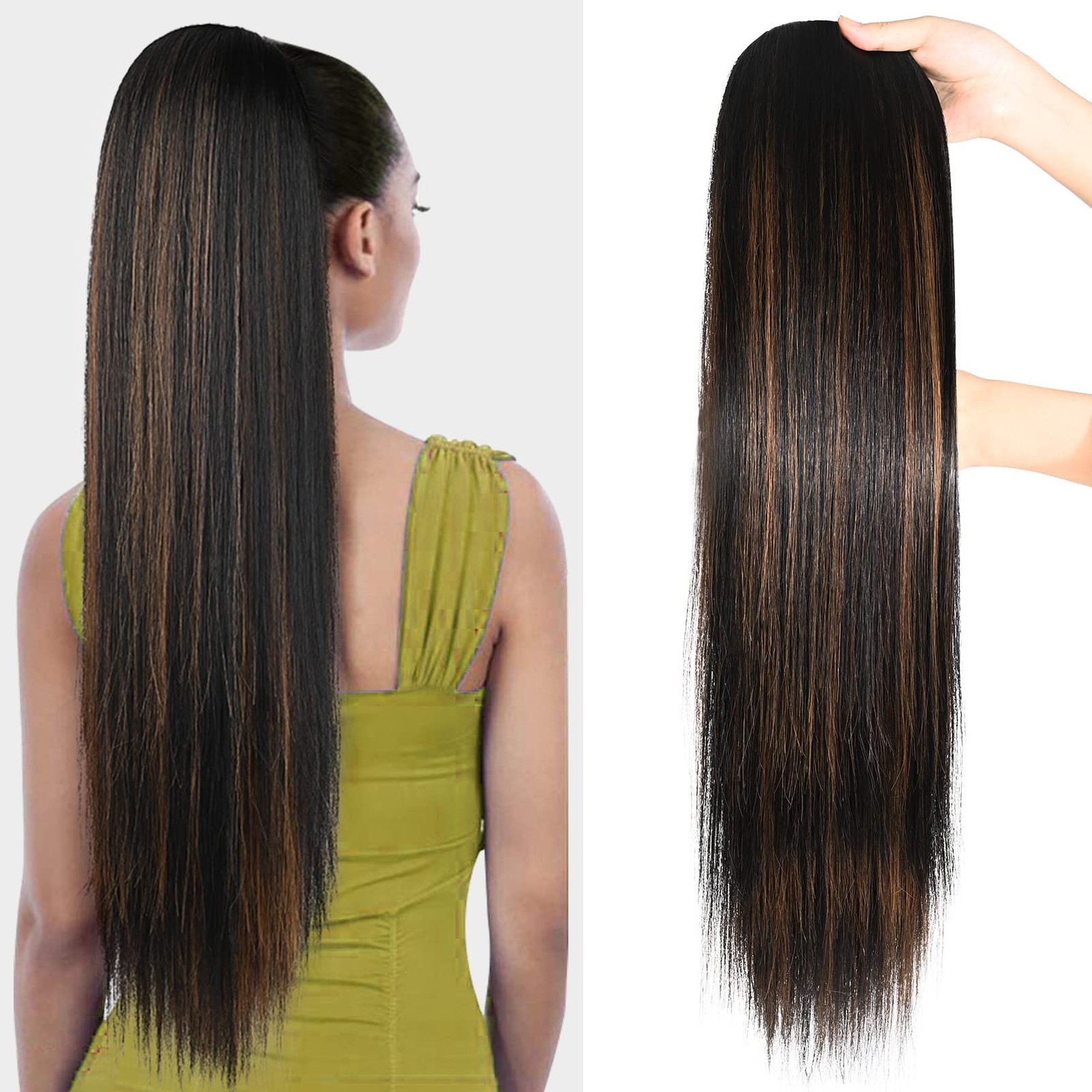 Ponytail Extensions 28 Inch Drawstring Ombre Black Roots Black Caramel Blonde