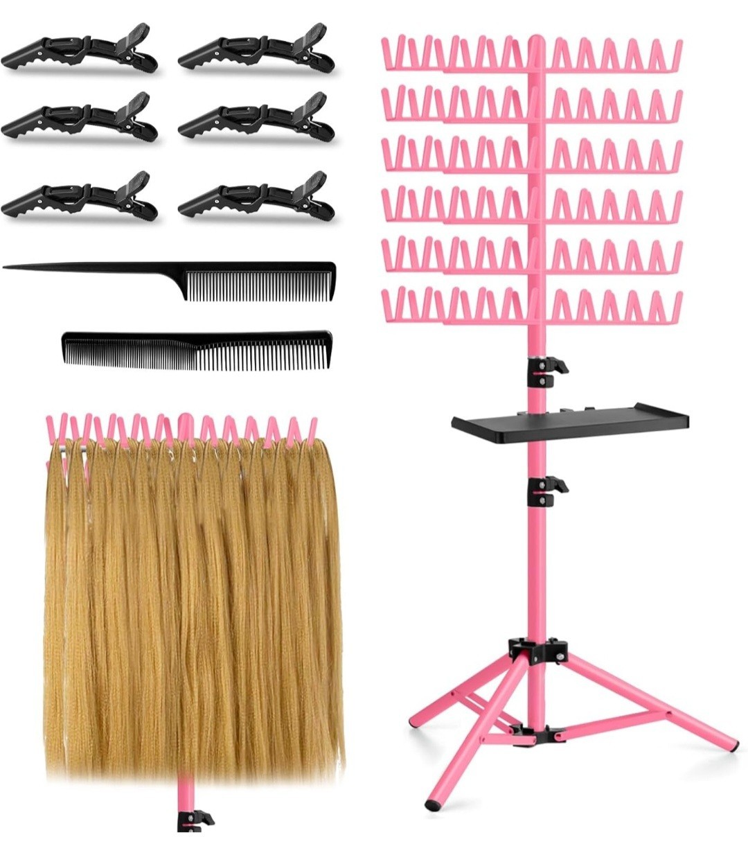 Braiding Hair Rack with Tray, 144 Pegs Height Adjustable Braiding Rack 2 Side