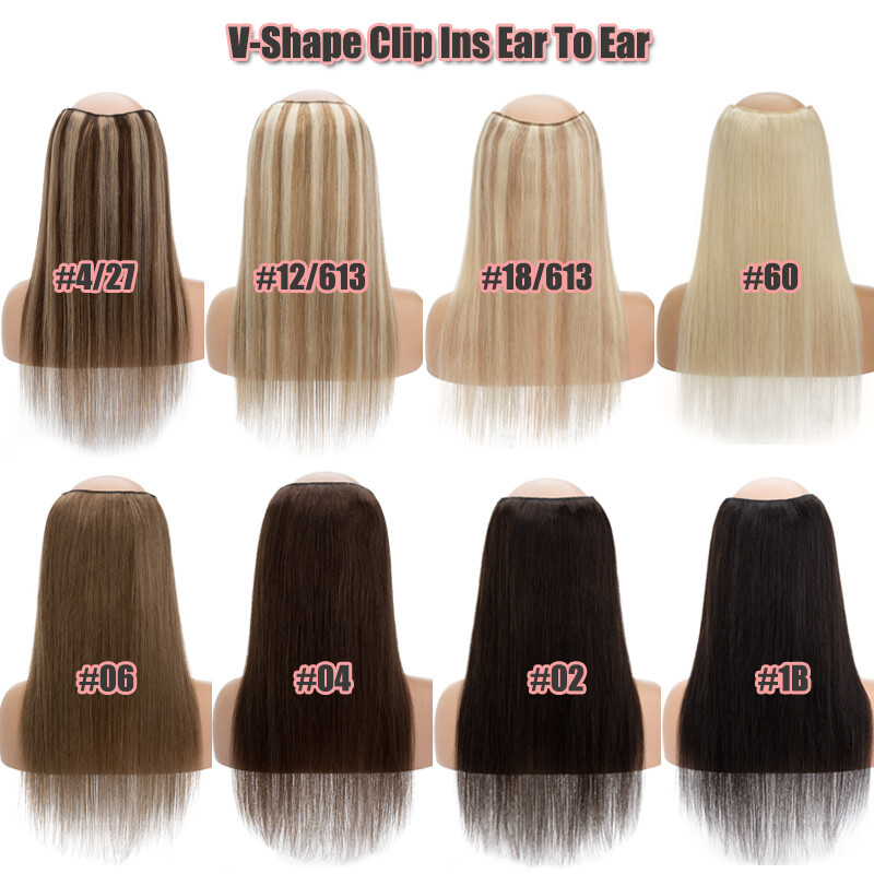 V-Shape Clip In Human Hair Extensions One Piece Weft 3/4 Full Head Thick 16″-20″