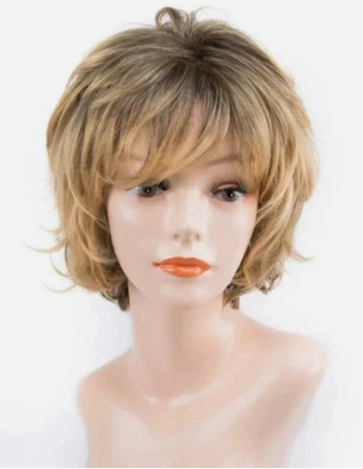 Blonde Mix Wavy Short Fluffy Rooted Synthetic Hair Wigs Women Soft Natural Daily