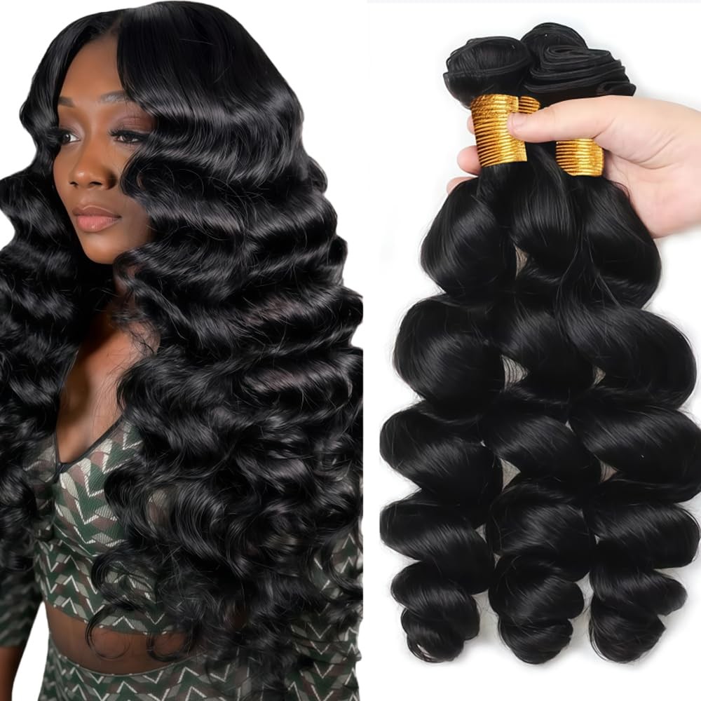 Niegmeag Human Hair Bundles Loose Wave Bundles Human Hair 28 30 32 Inch Natural