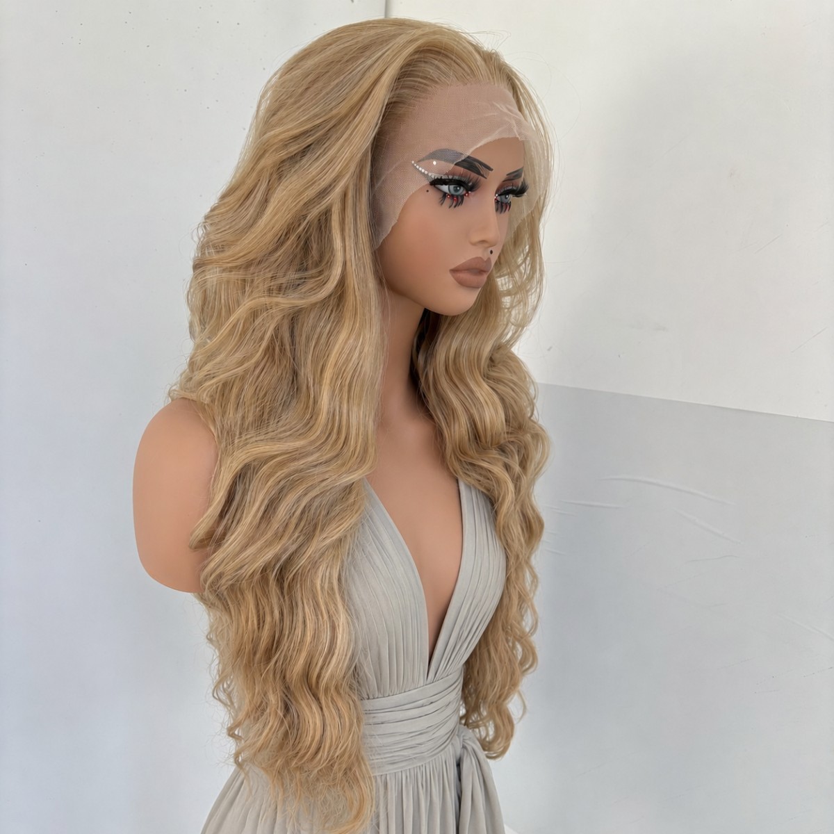 Lace Frontal Wig Blended Blonde Long Wavy Synthetic Hair Heat Resistant Layered