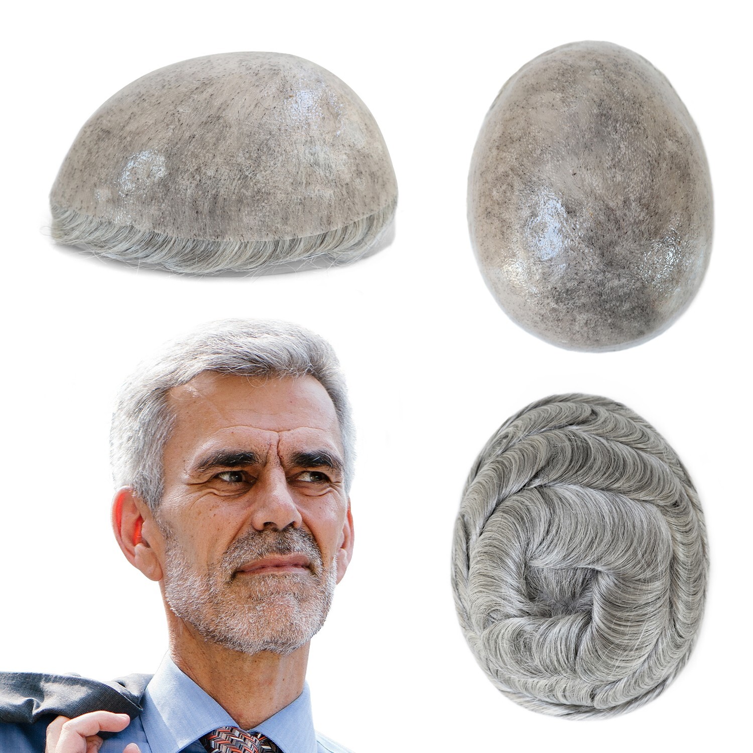 Mens Hair Replacement System Injection Skin Toupee Human Grey Hair Pieces #1B80