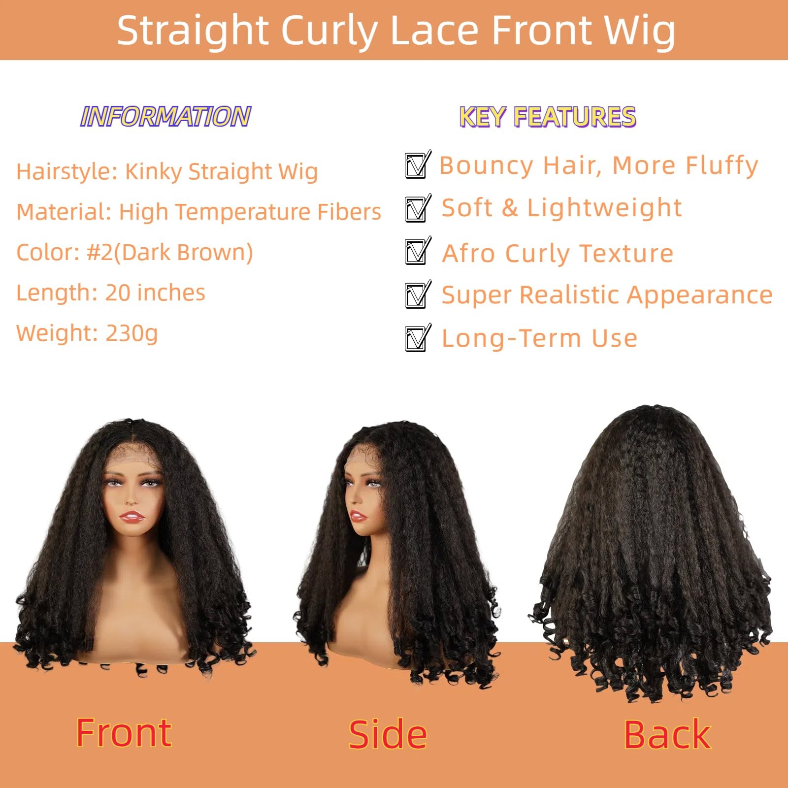 Afro Curly Lace Front Wig for Black Women 20 Inch Dark Brown Natural Syntheti…