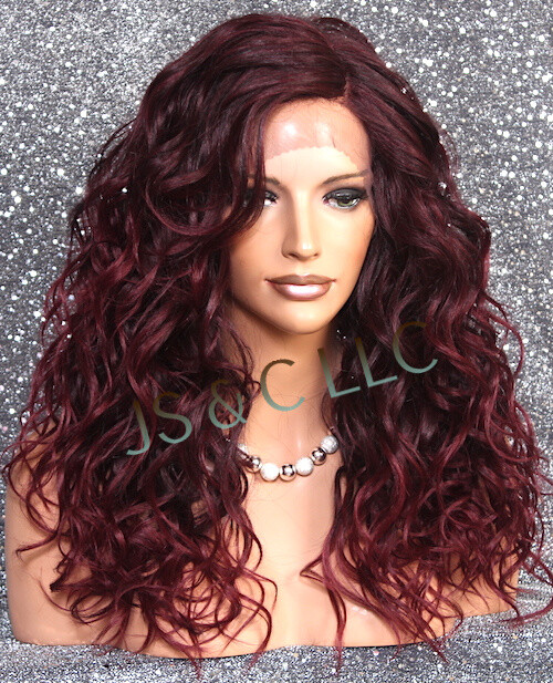 Human Hair Blend Long HEAT OK Full Lace Front Wig Burgundy mix wavy WEYC 1B-burg