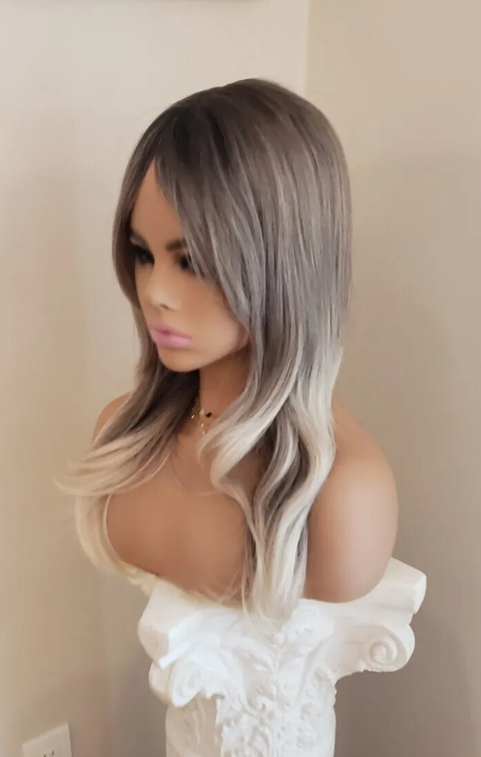 Balayage Wig – Human Hair Blend Platinum Blonde Silver Black Rainbow Multicolor